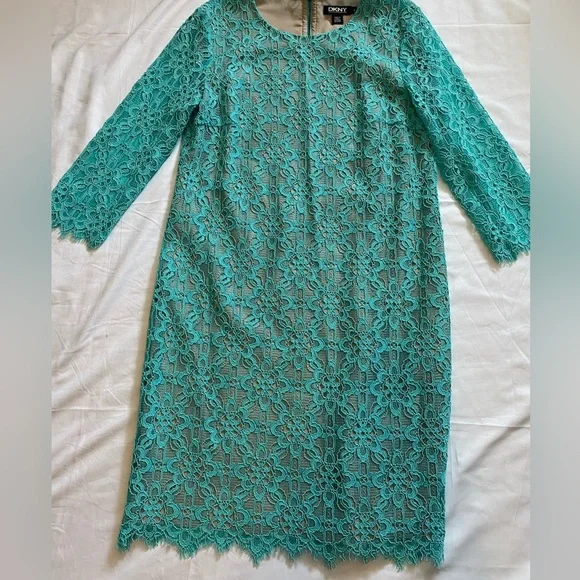 DKNY Women Lace Dress | Aqua | Size 4 | Like New | 3/4 Sleeves - Picture 2 of 11